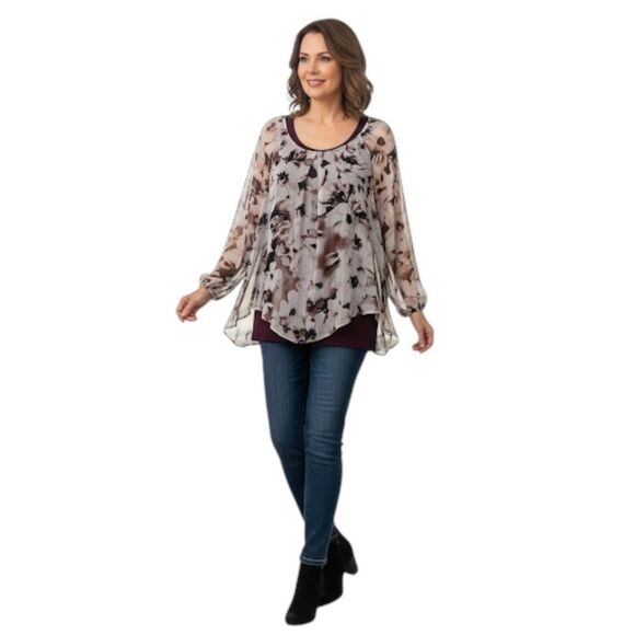 AGB Floral Chiffon With Overlay Blouse size Small - Picture 1 of 8